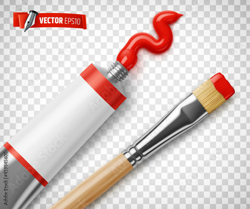 Vector realistic illustration of a red paint tube and paintbrush on a transparent background.