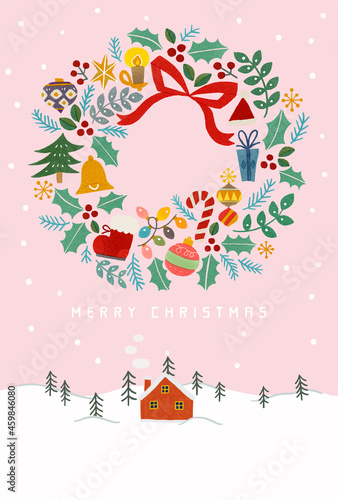 雪化粧の山と赤いお家とクリスマスリースのイラスト