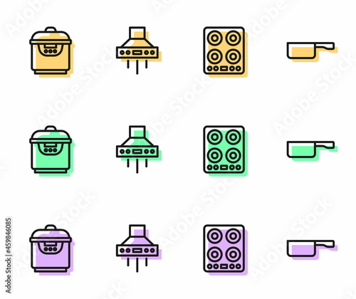 Set line Gas stove, Slow cooker, Kitchen extractor fan and Frying pan icon. Vector