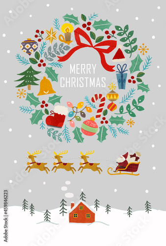 雪化粧の山と赤いお家とサンタクロースとトナカイとクリスマスリースのイラスト