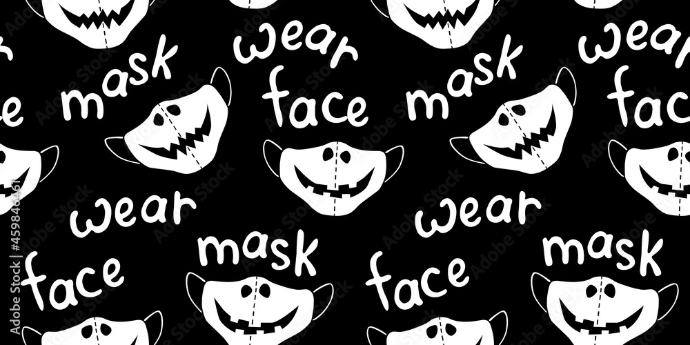 Seamless vector pattern of medical protect face masks. Halloween background and texture with lettering in flat style. Virus protection, quarantine. Covid-19 pandemic