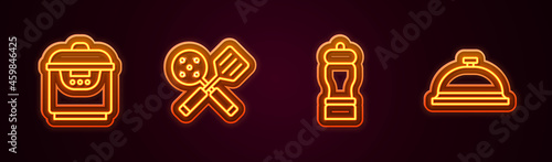 Set line Slow cooker, Spatula, Pepper and Covered with tray of food. Glowing neon icon. Vector