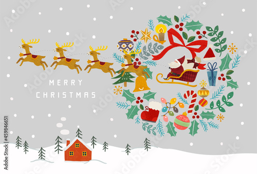 雪化粧の山と赤いお家とサンタクロースとトナカイとクリスマスリースのイラスト