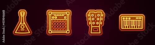 Set line Balalaika, Guitar amplifier, neck and Music synthesizer. Glowing neon icon. Vector