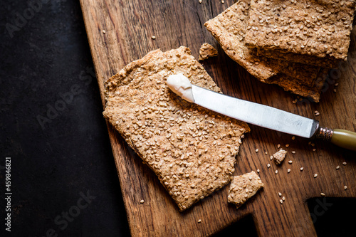 Fresh gluten-free crispbread with flax seed photo