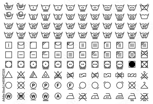 Flat linear design. A set of symbols for the care of textiles. Labeling marks for clothing and other textile products. Vector elements.