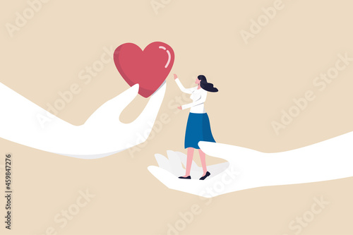 Empathy or sympathy understanding and share feeling with others, support or help community, kindness and compassion concept, supporting hand carry misfortune depressed woman and giving heart shape. photo