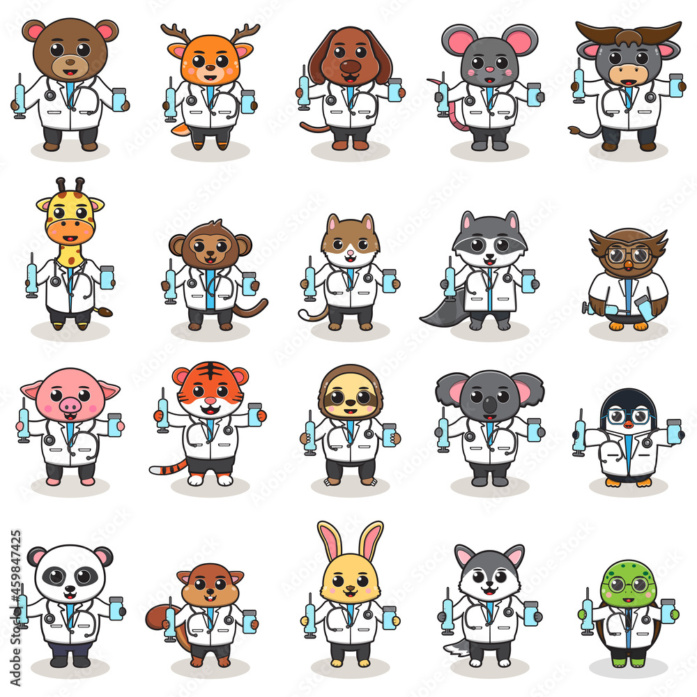 Obraz premium Vector illustration of Cute Character Cartoon of Animal Doctor with Vaccine. Good for label, sticker, clipart. white isolated background