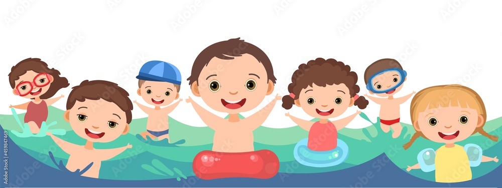 Children fun and splashing in water. Waves. Swimming, diving and water sports. Pool or beach. Isolated on white background. Illustration in cartoon style. Flat design. Vector art Children fun and splashing in water. Waves. Swimming, diving and water sports. Pool or beach. Isolated on white background. Illustration in cartoon style. Flat design. Vector art