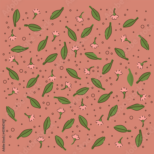Postcard background of jasmine with tea leaves. Green mint-herbal natural decoction with flowers of nature. Tea time. The texture of a tea flavored drink for the poster. Have a nice tea. Vector