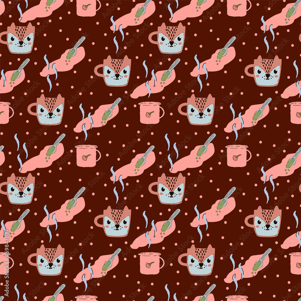 Pattern with cups of hot drink. Tea time. The texture of a fragrant decoction for textiles. The plot of the tea ceremony. Have a nice tea. Vector illustration Pattern with cups of hot drink. Tea time. The texture of a fragrant decoction for textiles. The plot of the tea ceremony. Have a nice tea. Vector illustration