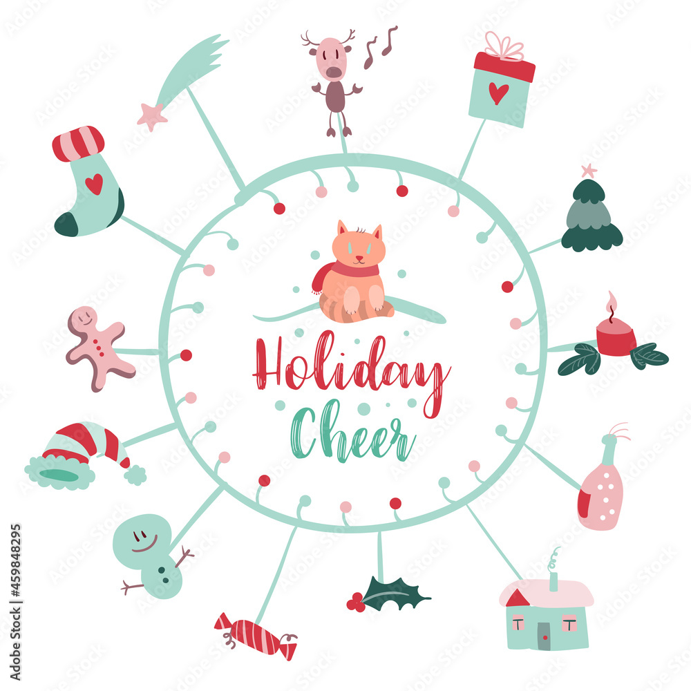 Christmas post card with merry xmas doodles and modern Christmas insignia. Callygraphic logo. Vector Christmas post card with merry xmas doodles and modern Christmas insignia. Callygraphic logo. Vector