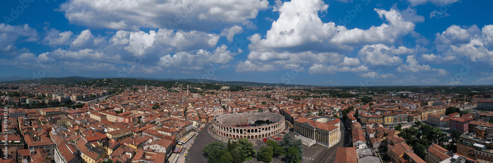 Fototapeta premium Aerial panorama of Piazza Bra in Verona. Monument to Unesco Arena di Verona top view. Verona, Italy aerial view of the historic city. Famous amphitheater in Italy aerial view.