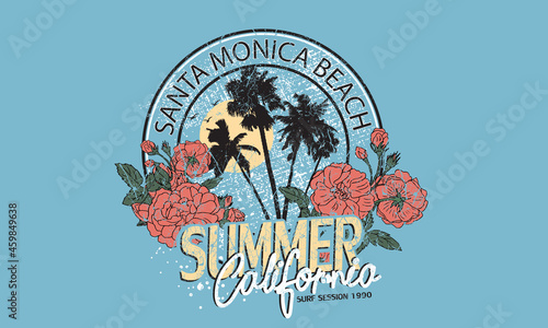 Tropical flower with palm tree vector graphic print for apparel, poster, sticker and others. California santa monica beach artwork.