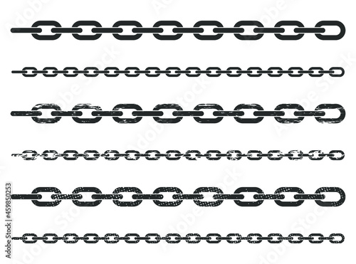 Grunge Seamless chain link pattern shape. Metal, steel, iron chains silhouette border texture. Industrial symbol sign. Vector illustration image. Isolated on white background.
