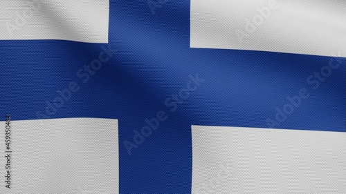 3D, Finlandian flag waving on wind. Finland banner blowing soft silk.