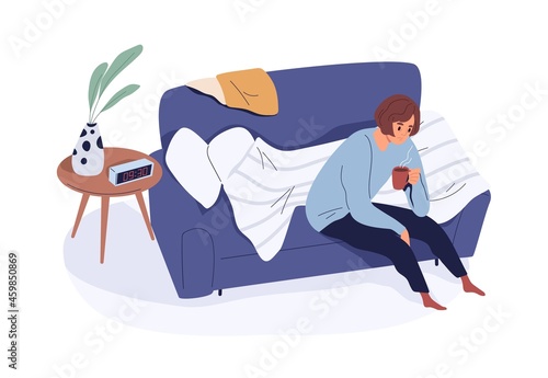 Sleepy tired person on sofa, waking up with cup of coffee in early morning. Drowsy sad woman sitting on couch with tea. Lack of sleep concept. Flat vector illustration isolated on white background