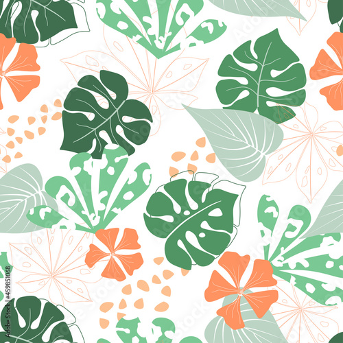Seamless pattern with natural plant, animal print, monstera, branches, flowers. Ornament of tropical exotic leaves in contemporary abstract style. Vector graphics.