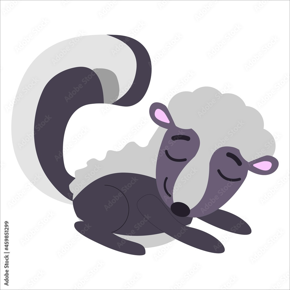 Fototapeta premium Baby skunk sleeping and smiling isolated. Black, violet grey and pink. Flat cartoon style. Cute and funny. Animal character. Graphic children design. Nature and ecology. Post card, poster, print