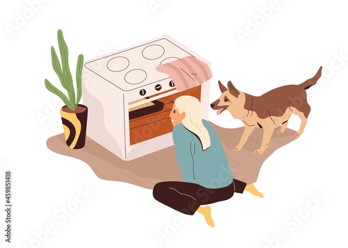 Person and dog looking at oven with pie baking. Happy child waiting for home meal to be prepared in kitchen. Girl and cooking process in stove. Flat vector illustration isolated on white background