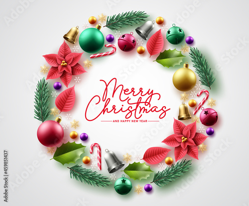 Merry christmas wreath vector background design. Christmas greeting text with xmas ornament elements for holiday season card decoration. Vector illustration. 