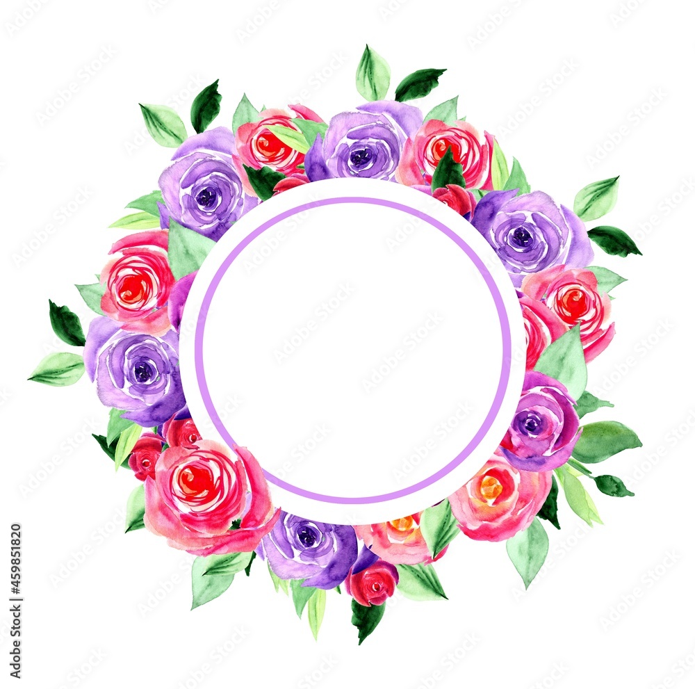Flowers card template. Pink and viola roses, circle. Watercolor hand painted illustration, isolated, white background. Flowers card template. Pink and viola roses, circle. Watercolor hand painted illustration, isolated, white background.