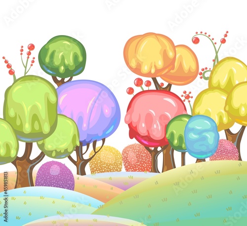 Candy background. Cartoon sweet land. Beads of jelly, ice cream and caramel. Chocolate. Cute childrens fairy landscape. Isolated fantastic illustration. Vector