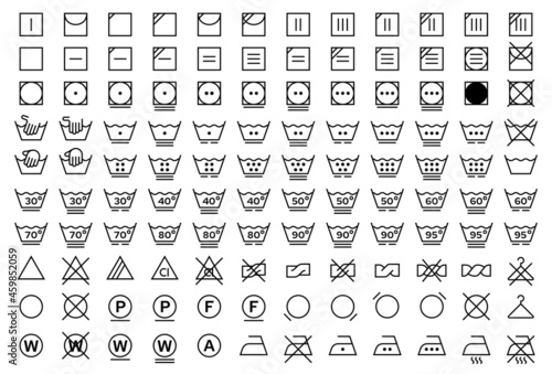 Flat linear design. A set of symbols for the care of textiles. Labeling marks for clothing and other textile products. Vector elements.