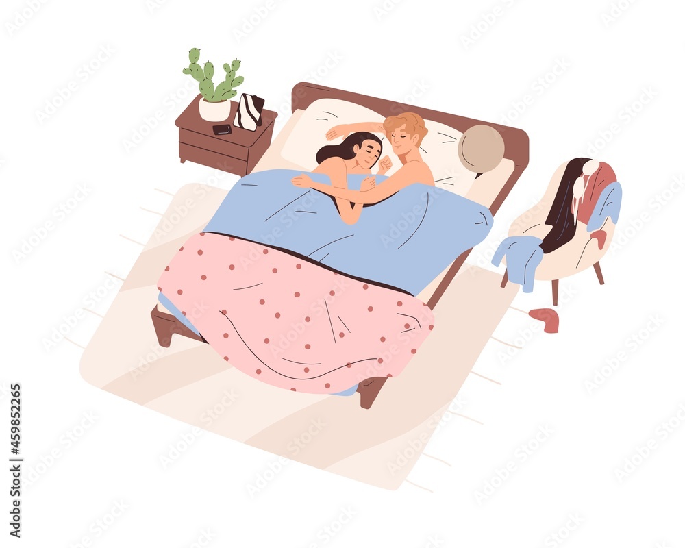 Love romantic couple sleeping under blanket in bed together. Happy naked man and woman lying and hugging after