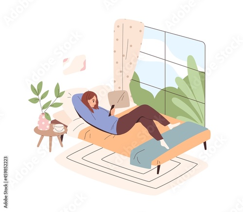 Woman lying in bed with mobile phone. Person relaxing at home, using smartphones and social media. Female texting by cellphone at leisure time. Flat vector illustration isolated on white background