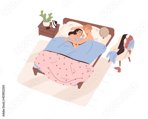 Love romantic couple sleeping under blanket in bed together. Happy naked man and woman lying and hugging after sex. Intimacy of wife and husband. Flat vector illustration isolated on white background