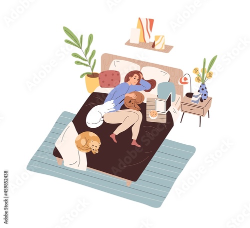 Woman lying on bed with laptop and cats around. Lazy person relaxing in bedroom at home, watching movies at weekend. Leisure time with series. Flat vector illustration isolated on white background