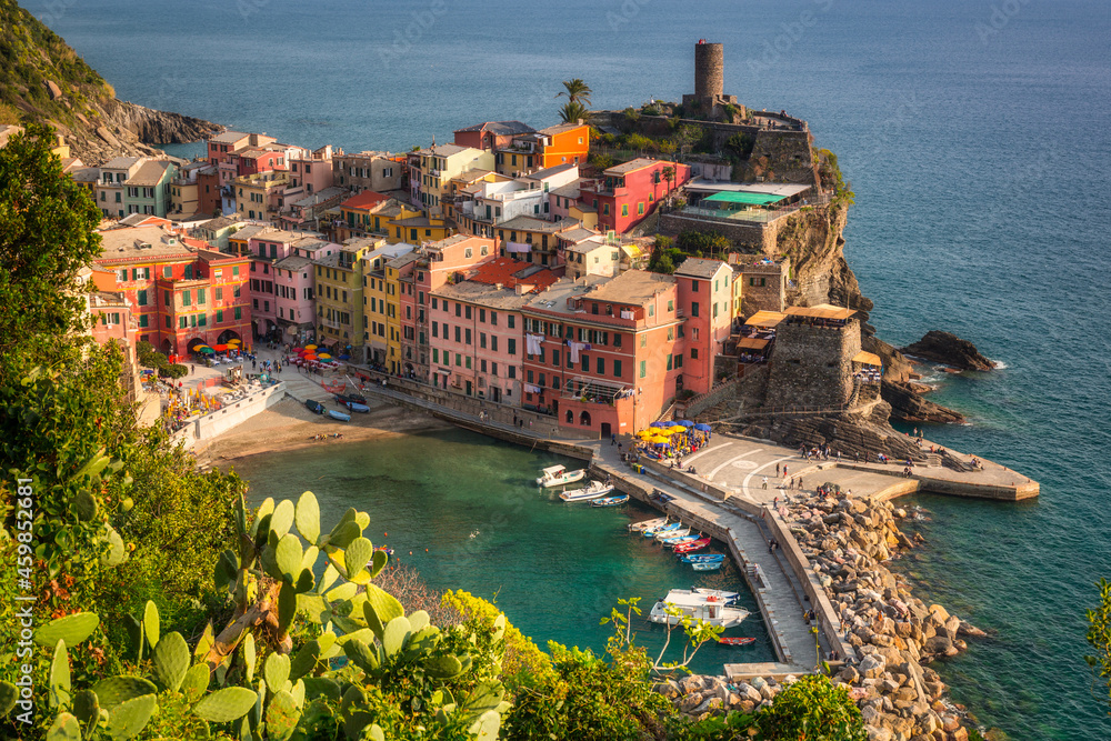 Beautiful Vernazza town on the coastline of Cinque Terre by the Ligurian Sea, Italy