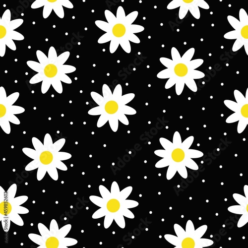 Seamless vintage pattern abstract. cute daisies and white dots on a black background. vector texture. trend print for textiles  wallpaper and packaging.