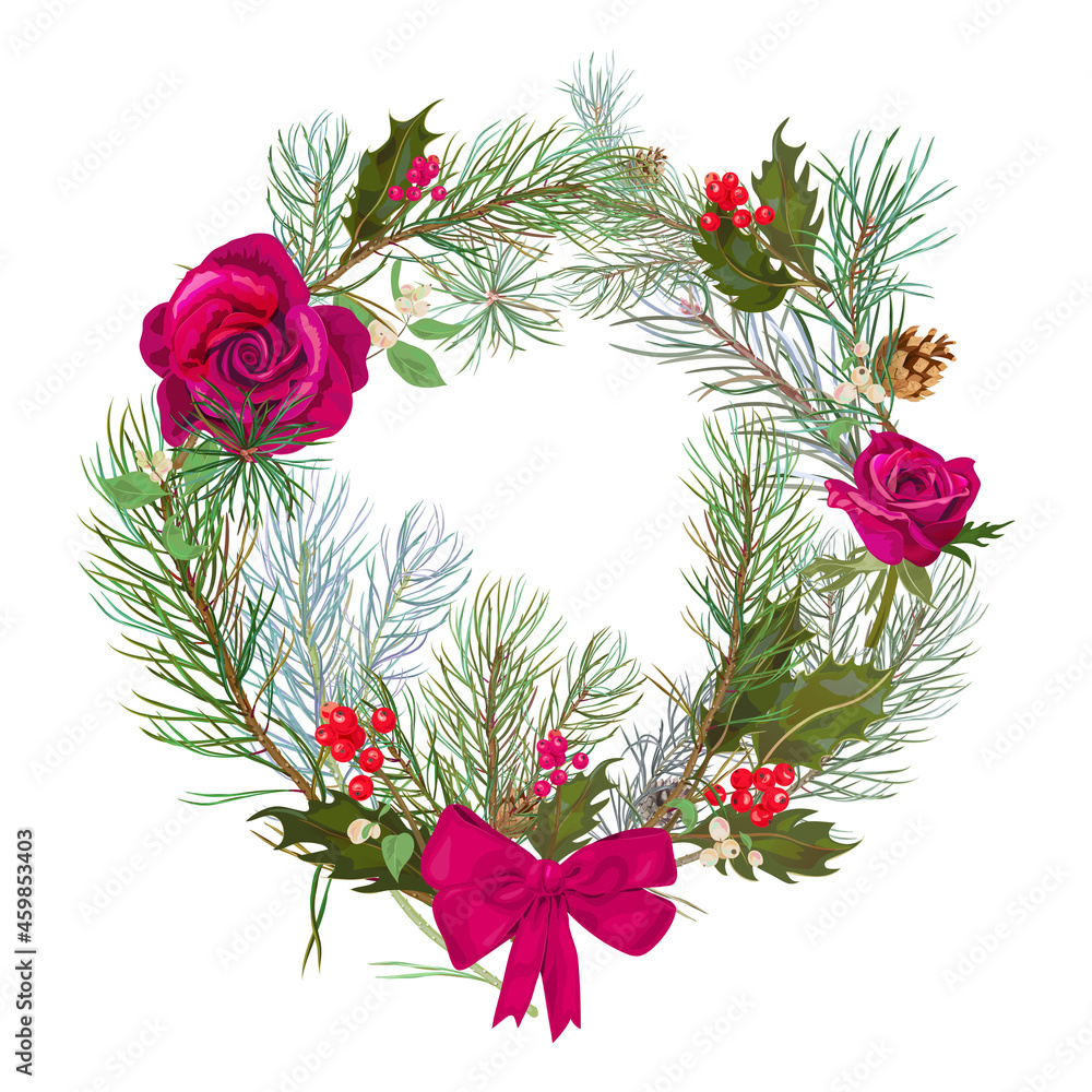 Christmas wreath, holiday decorations. Circular frame with red roses, pine branches, cones, holly berry, bow. Digital draw realistic illustration in watercolor style. Template for feast card, vector Christmas wreath, holiday decorations. Circular frame with red roses, pine branches, cones, holly berry, bow. Digital draw realistic illustration in watercolor style. Template for feast card, vector