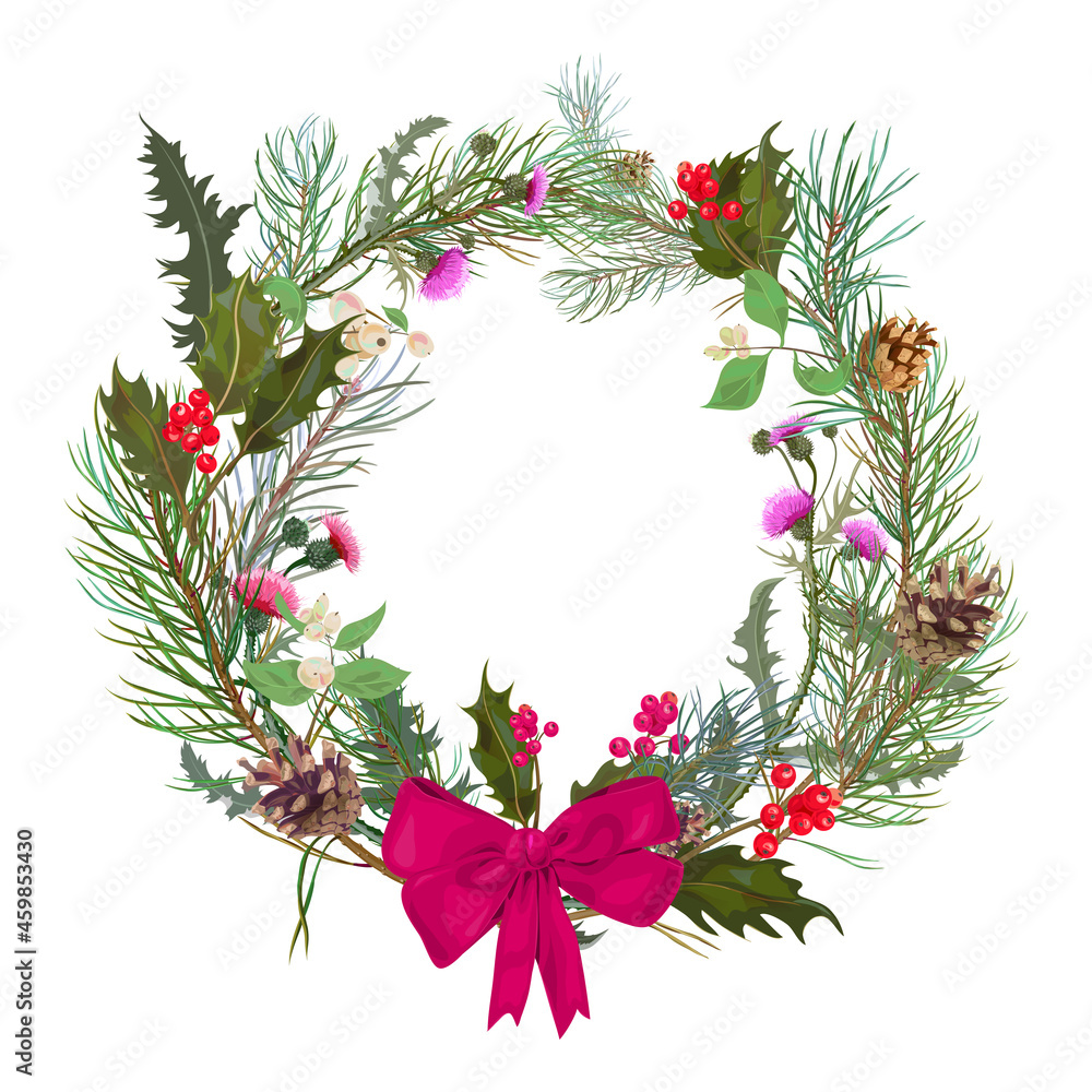 Christmas wreath, holiday decoration. Circular frame with red rose, pine branches, cones, holly berry, thistle, bow. Digital realistic illustration in watercolor style. Template for feast card, vector Christmas wreath, holiday decoration. Circular frame with red rose, pine branches, cones, holly berry, thistle, bow. Digital realistic illustration in watercolor style. Template for feast card, vector