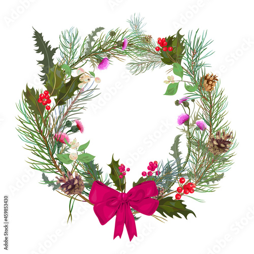 Christmas wreath, holiday decoration. Circular frame with red rose, pine branches, cones, holly berry, thistle, bow. Digital realistic illustration in watercolor style. Template for feast card, vector