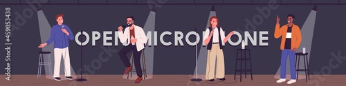 Open mic banner with comedians on stage. Spotlighted comics with microphones joking at stand-up comedy show. Laughing people on standup club scene. Colored flat vector illustration of stand-upers