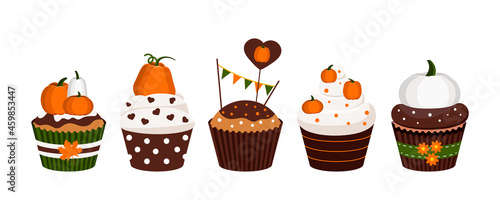 Cupcakes pumpkin dessert set isolated on white background. Thanksgiving or harvest festival sweets food - icing muffin with chocolate white and orange pumpkins. Flat design cartoon vector illustration