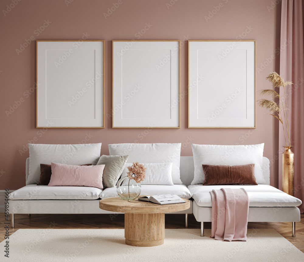 Home mock up, modern living room interior background, 3d render - obrazy, fototapety, plakaty 
