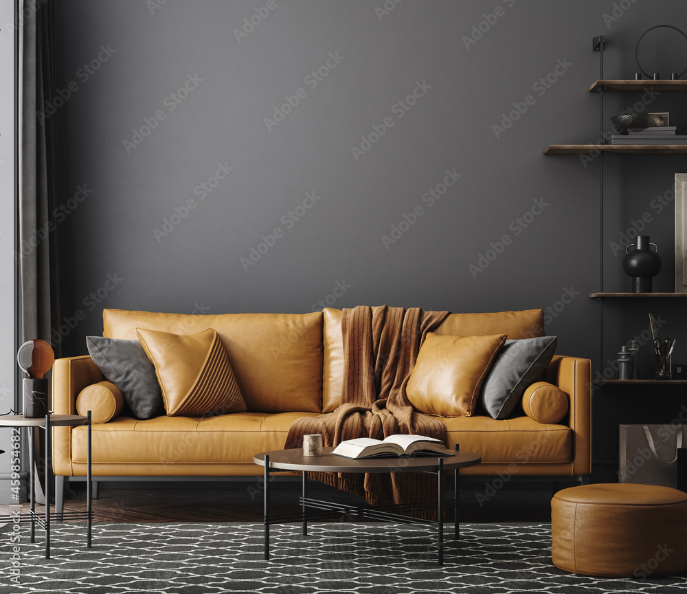 Black living room interior with leather sofa, minimalist industrial style, 3d render - obrazy, fototapety, plakaty 