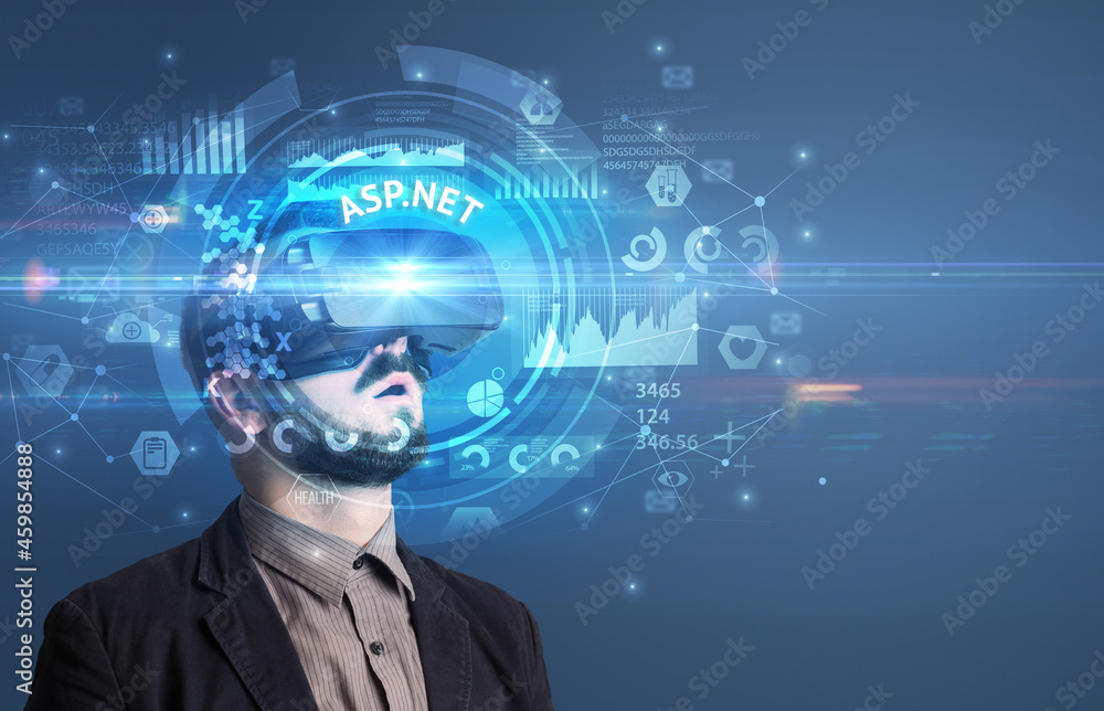 Businessman looking through VR glasses Businessman looking through VR glasses
