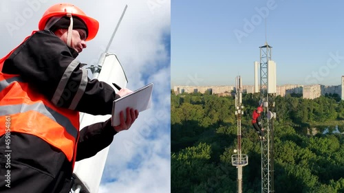 collage engineer in uniform and helmet checks equipment communication tower takes notes, drone view of radio master works at great heights of tv tower photo