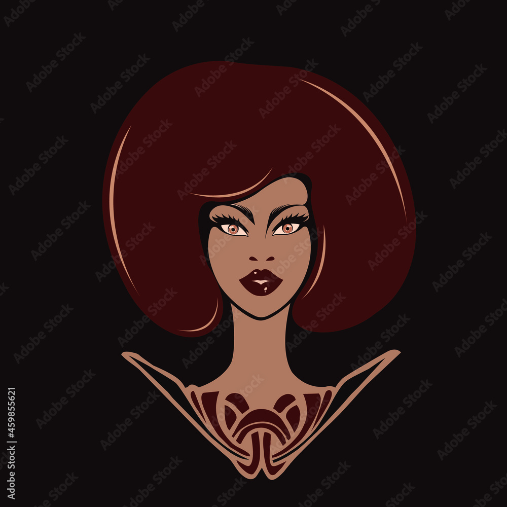 Beauty salon logo.Beautiful African American woman portrait.Afro hairstyle icon.Spa, aesthetics, beautician, hair studio business.Elegant, luxury, glamour style accessory.Face makeup.