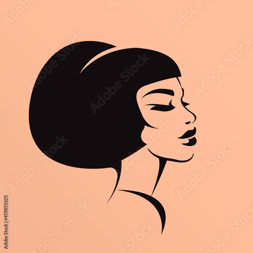 Beauty salon logo.Beautiful African American woman portrait.Afro hairstyle icon.Spa, aesthetics, beautician, hair studio business.Modern, elegant, luxury, glamour style.Face makeup.