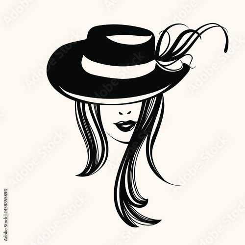 Woman with hat.Elegant hairstyle, makeup and accessories.Fashion and beauty illustration.Young lady portrait logo.Decorative elements.	