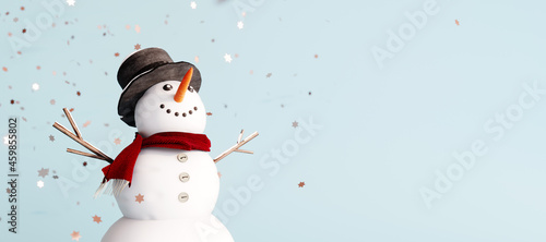 White happy Snowman with red scarf on blue background 3D Rendering, 3D Illustration © hd3dsh