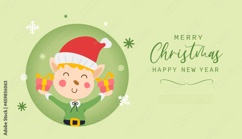 Merry christmas and happy new year greeting card with cute Elf boy costume cartoon and gift box in modern flat style. Vector illustration