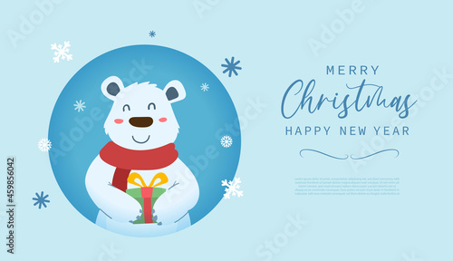 Merry christmas and happy new year greeting card with cute Polar Bear and gift box cartoon in modern flat style. Vector illustration