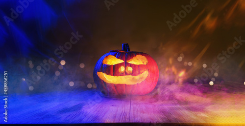Halloween magic pumpkin of spells portrait making witchcraft. Over spooky dark magic forest background. Wide Halloween party art design.